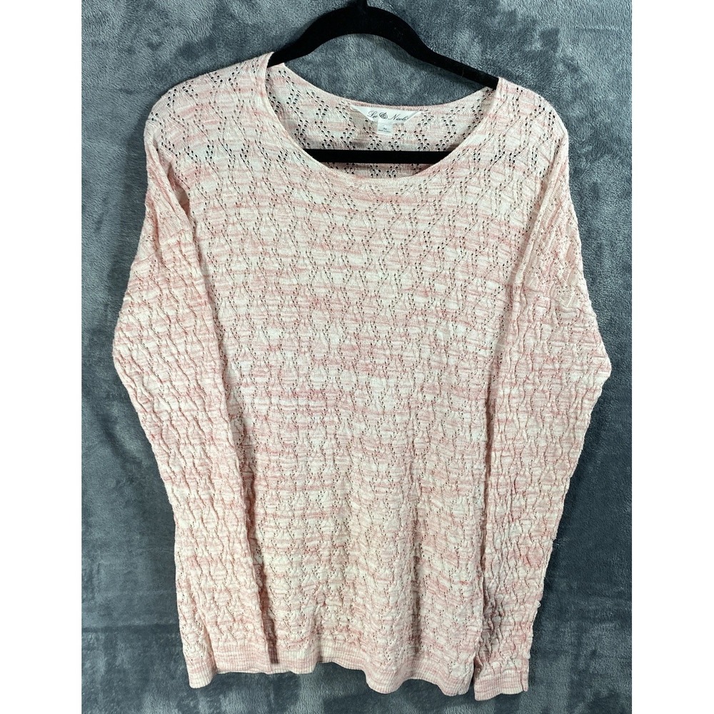 Womens Pink Open-Knit Sweater Medium Eyelet Weathered Geometric Cottagecore Boho